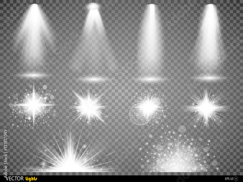 White glowing light burst explosion with transparent. Vector illustration for cool effect decoration  ray sparkles. Bright star.  shine gradient glitter,  flare. Glare texture.