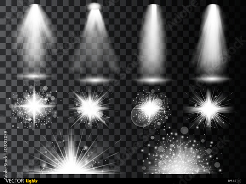 White glowing light burst explosion with transparent. Vector illustration for cool effect decoration  ray sparkles. Bright star.  shine gradient glitter,  flare. Glare texture.