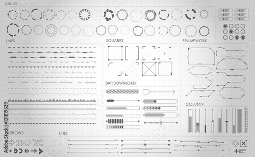 set of black and white infographic elements. Head-up display elements for the web and app. Futuristic user interface. Virtual graphic.