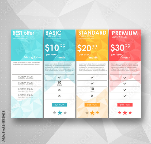 Set offer tariffs. ui ux vector banner for web app. set pricing table, order, box, button, list with plan for website in flat design