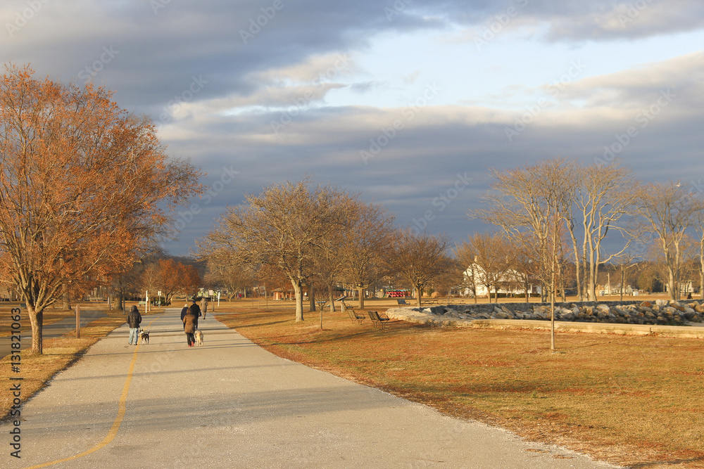park at sunset with people walking dogs