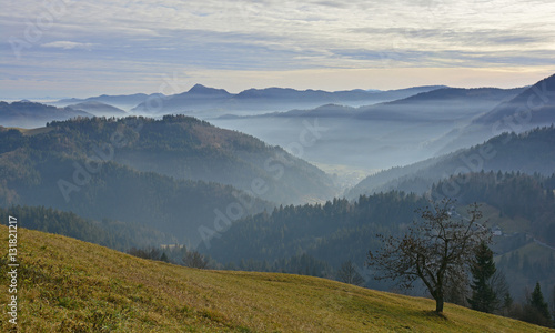 The landscape near Jamnik in north west Slovenia, with the Julian Alps in the background.   © dragoncello