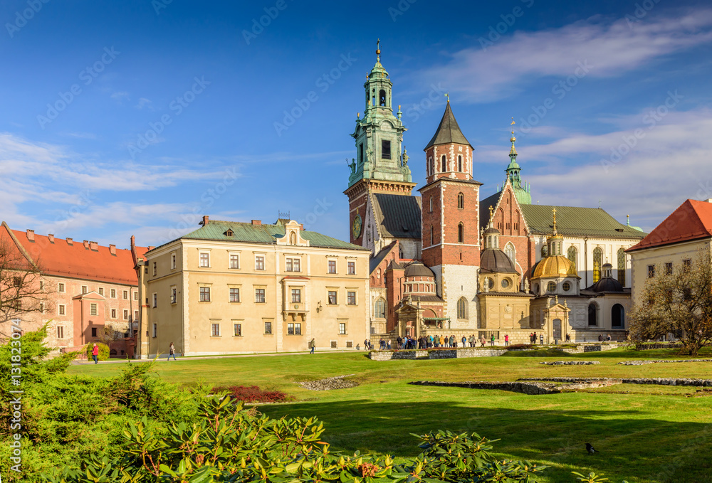 Cathedral of St. Stanislaw and St. Vaclav and royal castle on the Wawel Hill in the sunny day, Krakow, Poland.