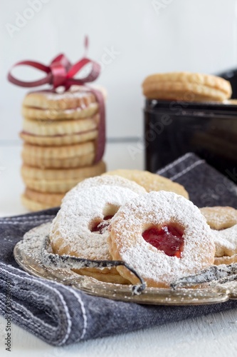 Tasty homemade butter cookies with marmalade called "Linzer augen" 