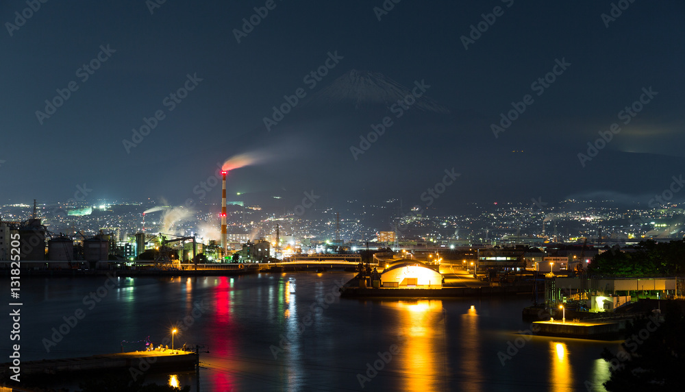 Mountain Fuji and industry factory at night