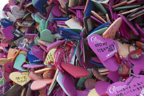 Hearts and Locks chained to fence at Two Lovers Point in Guam