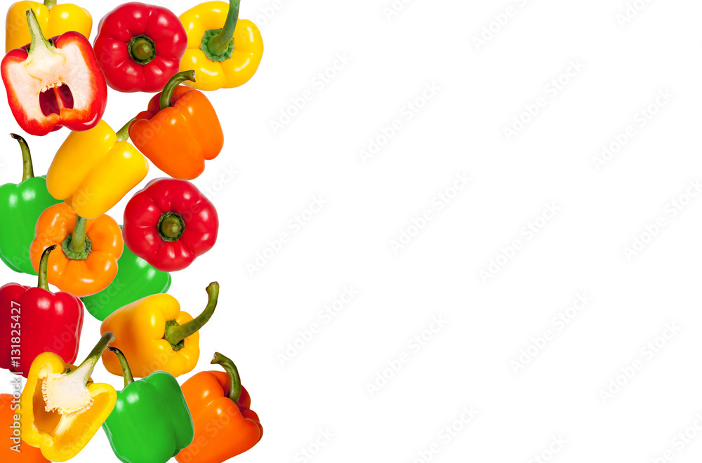 Mix colorful paprika on white background.