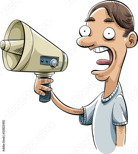 A cartoon man shouting into an electronic megaphone.