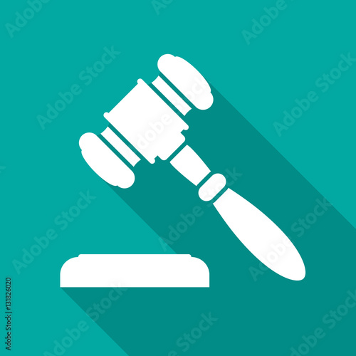 Judge gavel or auction hammer icon with long shadow. Flat design style. Judge hammer silhouette. Simple icon. Modern flat icon in stylish colors. Web site page and mobile app design vector element.