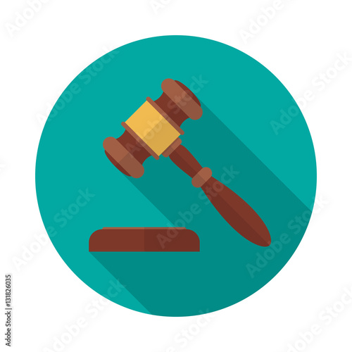 Judge gavel or auction hammer icon with long shadow. Flat design style. Modern round icon. Judge hammer silhouette. Simple circle icon. Web site page and mobile app design vector element.