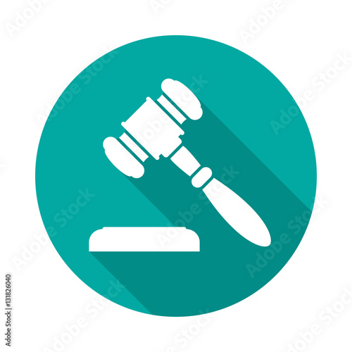 Judge gavel or auction hammer icon with long shadow. Flat design style. Modern round icon. Judge hammer silhouette. Simple circle icon. Web site page and mobile app design vector element.