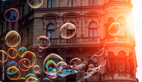 Soap bubbles in the center of Prague on the sun.