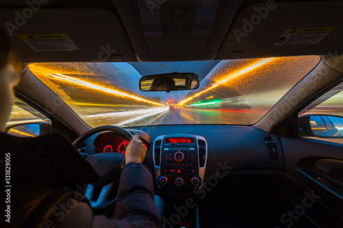 Night road view from inside car © pozdeevvs