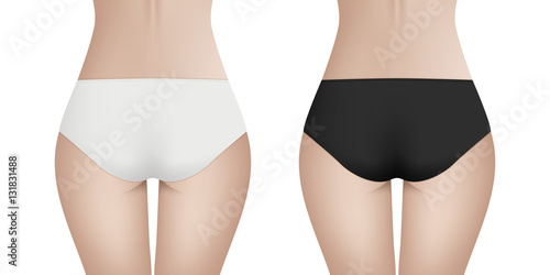 Beautiful woman s body in white and black bikini panties. Realistic vector template for design. Women health, intimate hygiene concept.