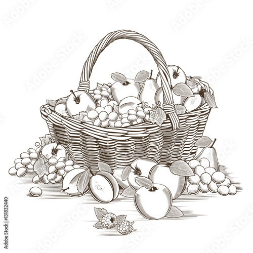 Fruits Basket In Woodcut Style