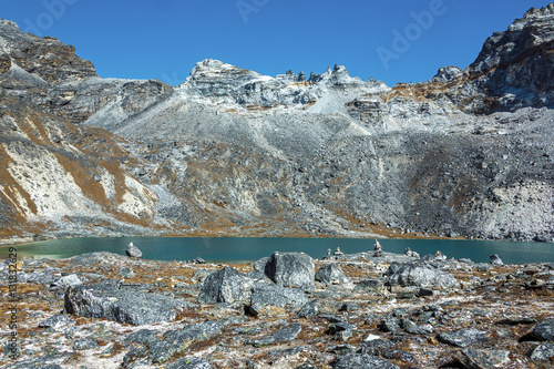 The view from the Renjo Pass on the lake Angladumba Tsho (5100 m) - Gokyo region, Nepal, Himalayas photo