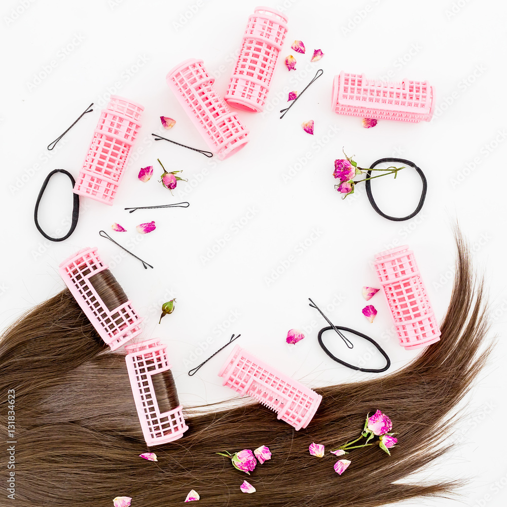 Hair and women's curlers. Flat lay. Top view. Hair and women's curlers. Flat lay. Top view.