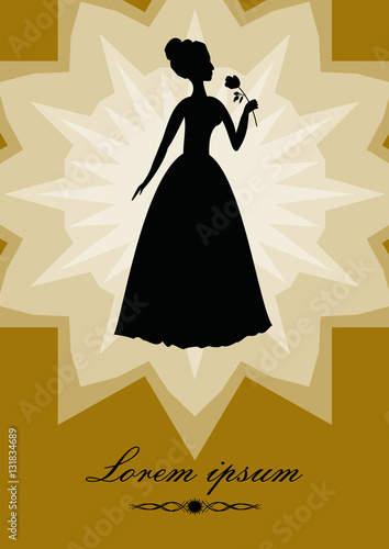 Black lady with rose, silhouette on gold background  star shape. Retro designed art deco template in victorian style for invitation, flyer, leaflet, banner, poster, announcement