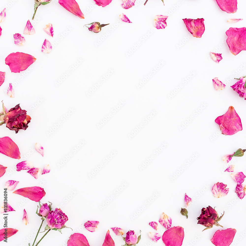 Round frame of roses on background. Flat lay. Top view. Round frame of roses on background. Flat lay. Top view.