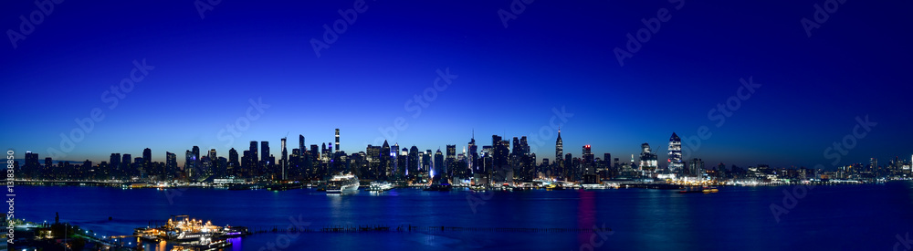 Super wide panorama of New York Manhattan skyline before sunrise