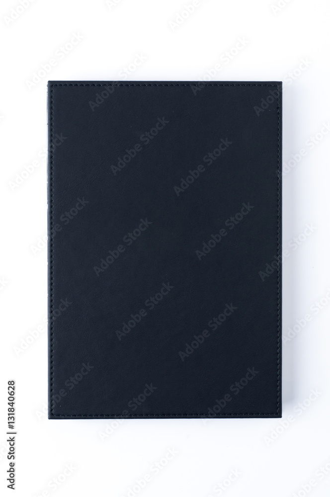 Black notebook on white background.