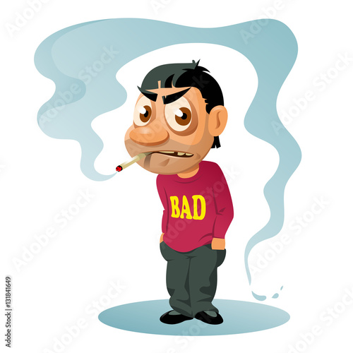Smoking man with a disgruntled look on his face. Cartoon styled vector illustration. Elements is grouped and divided into layers for easy edit. No transparent objects.