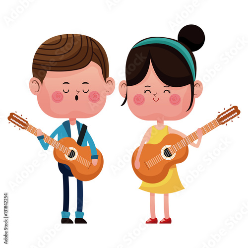boy and girl with guitars singing happy love vector illustration eps 10