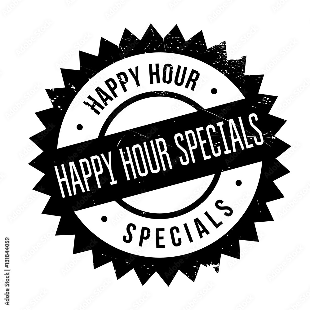 Happy hour specials stamp. Grunge design with dust scratches. Effects can be easily removed for a clean, crisp look. Color is easily changed.