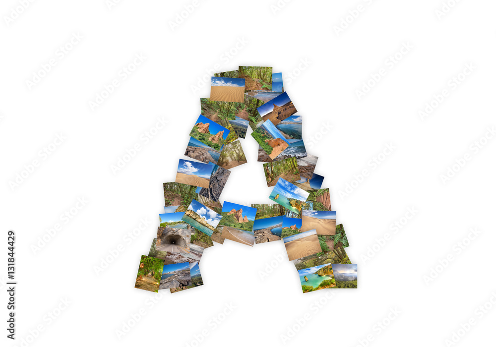 Letter A uppercase font shape alphabet collage made of my best landscape pictures.