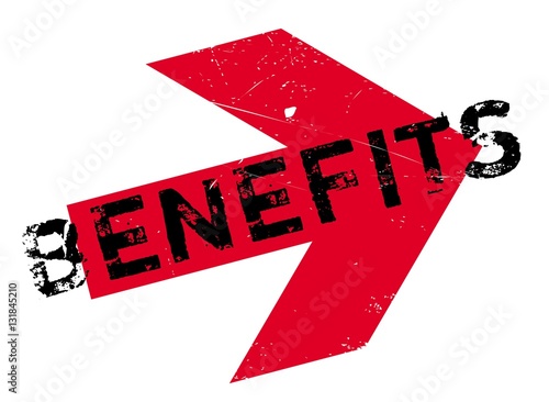 Benefits stamp. Grunge design with dust scratches. Effects can be easily removed for a clean, crisp look. Color is easily changed.