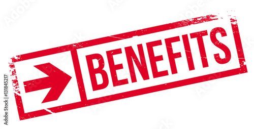 Benefits stamp. Grunge design with dust scratches. Effects can be easily removed for a clean, crisp look. Color is easily changed.