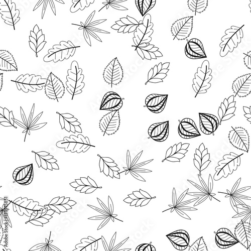 Black and white floral seamless pattern with leaves.