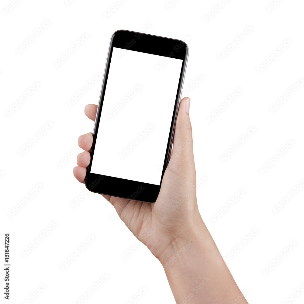 Isolated female hand holding a cellphone with white screen with Isolated female hand holding a cellphone with white screen with