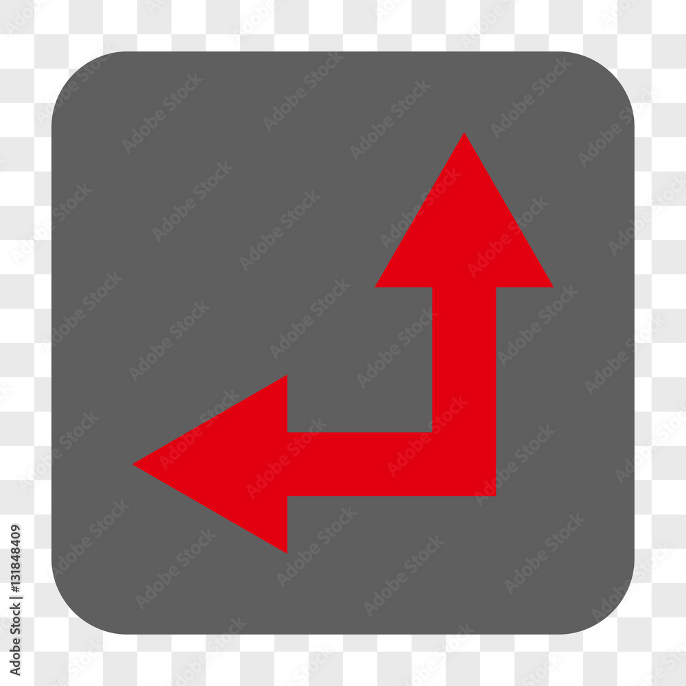 Bifurcation Arrow Left Up interface toolbar button. Vector icon style is a flat symbol in a rounded square button, red and gray colors, chess transparent background. Bifurcation Arrow Left Up interface toolbar button. Vector icon style is a flat symbol in a rounded square button, red and gray colors, chess transparent background.