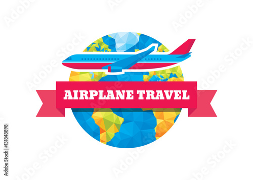 Airplane travel - vector logo concept illustration. Abstract globe  ribbon and aircraft.