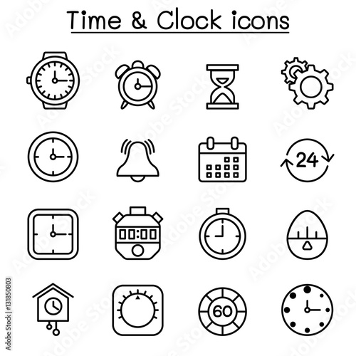 Time & clock icon set in thin line style
