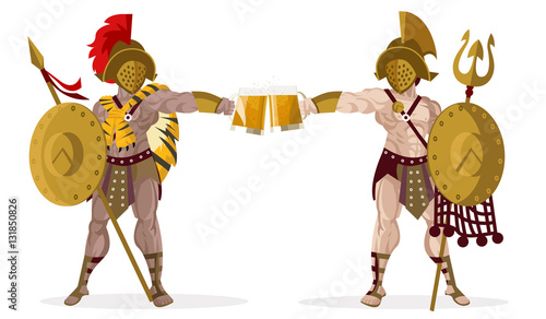 two gladiators toasting with beer
