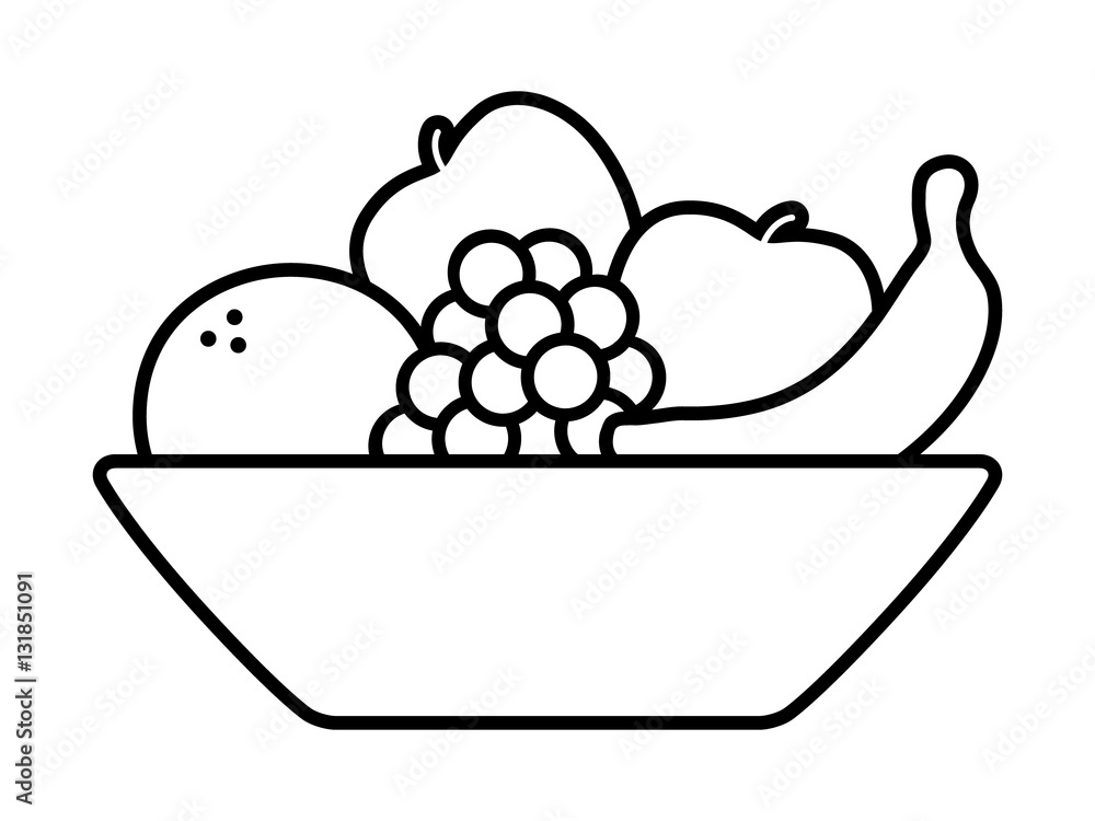 Bowl of fruit / fruits with orange, banana, grapes and apples line art