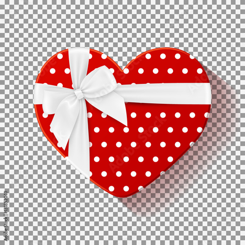 Red gift box isolated on transparent backdrop. Top view on box in the form of heart with white bow. Template for greeting card on Christmas, New Year and Valentine's Day. Vector illustration.