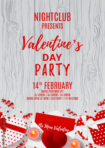 Happy Valentine's Day greeting paty poster. Top view on composition with gift boxes and red case for ring. Beautiful banner with confetti and serpentine on wooden texture. Vector illustration.