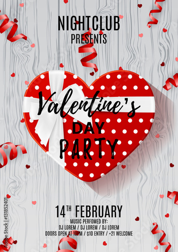 Party flyer for Valentine's Day. Beautiful poster with red gift box in the form of heart. Vector illustration with serpentine and confetti on wooden textore. Invitation to nightclub.