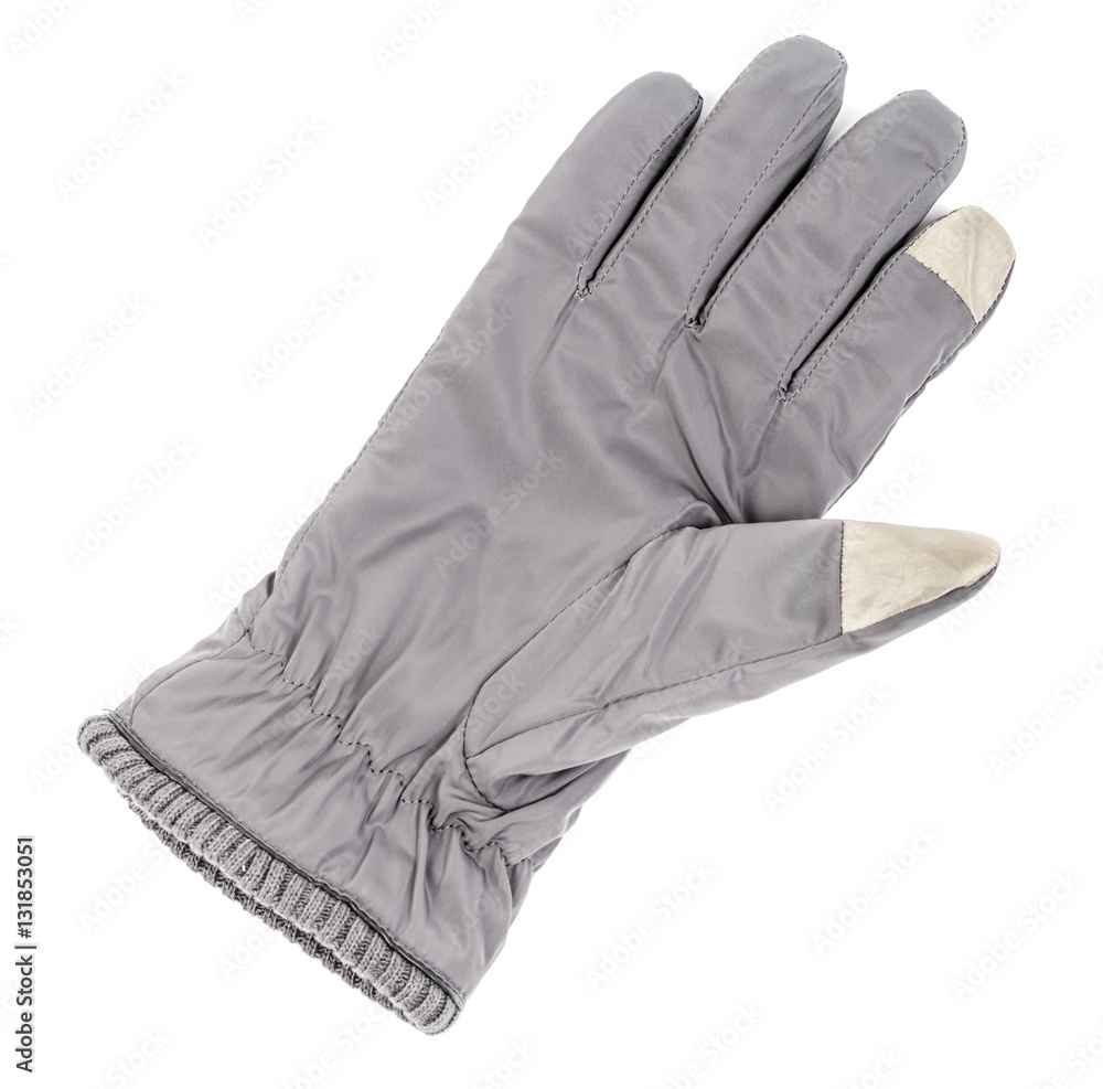 Winter gray glove for touch screen display isolated Winter gray glove for touch screen display isolated