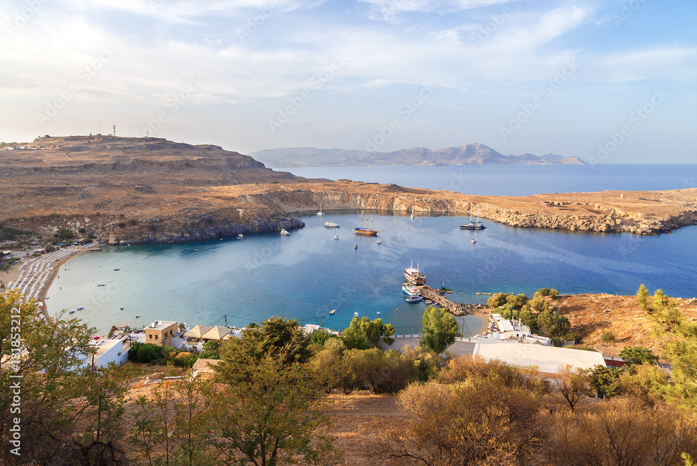 View at Lindou Bay from Lindos Acropol Rhodes island, Greece