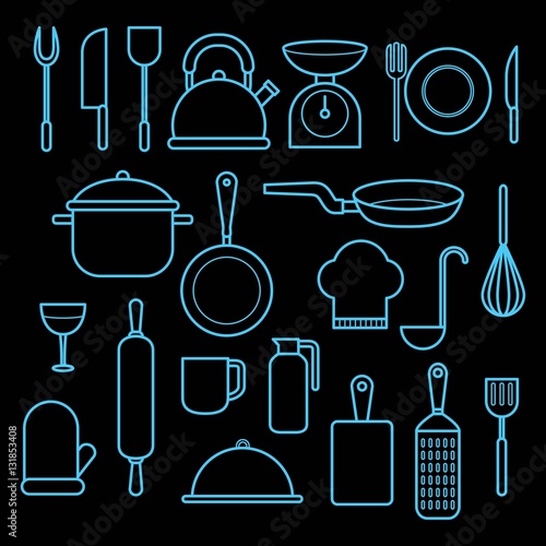 Kitchen and cooking icons with thin line. Vector illustration