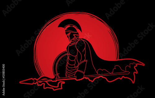Spartan warrior with Spear and shield designed on sunrise background graphic vector.