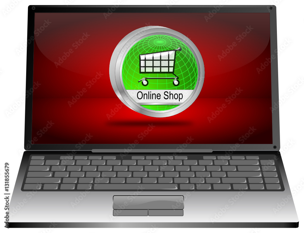 Laptop Computer with online Shop Button - 3D illustration Laptop Computer with online Shop Button - 3D illustration