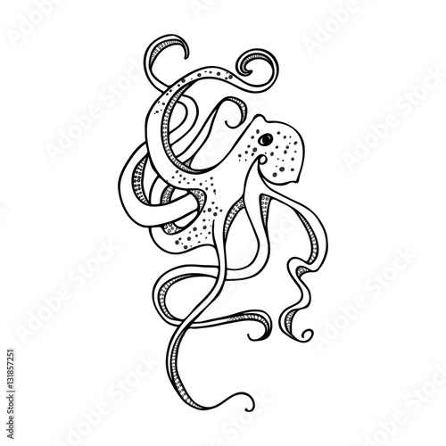Giant octopus with eight tentacles floating in the ocean depths. Bokeh effect, the air bubbles. Hand drawing. Vector illustration.