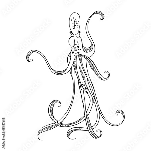 Giant octopus with eight tentacles floating in the ocean depths. Bokeh effect, the air bubbles. Hand drawing. Vector illustration.