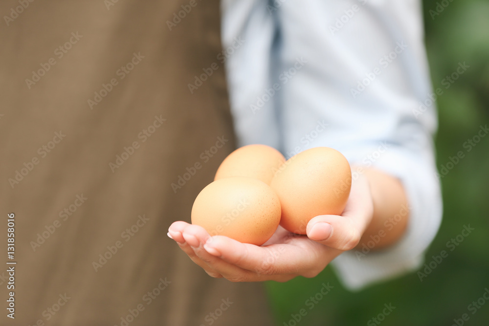 Female hand holding raw eggs, closeup Female hand holding raw eggs, closeup