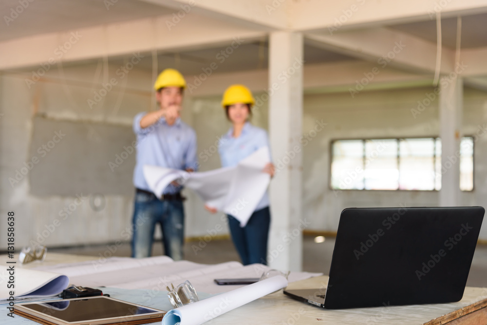 Several of construction design tools with Abstract blurred engin